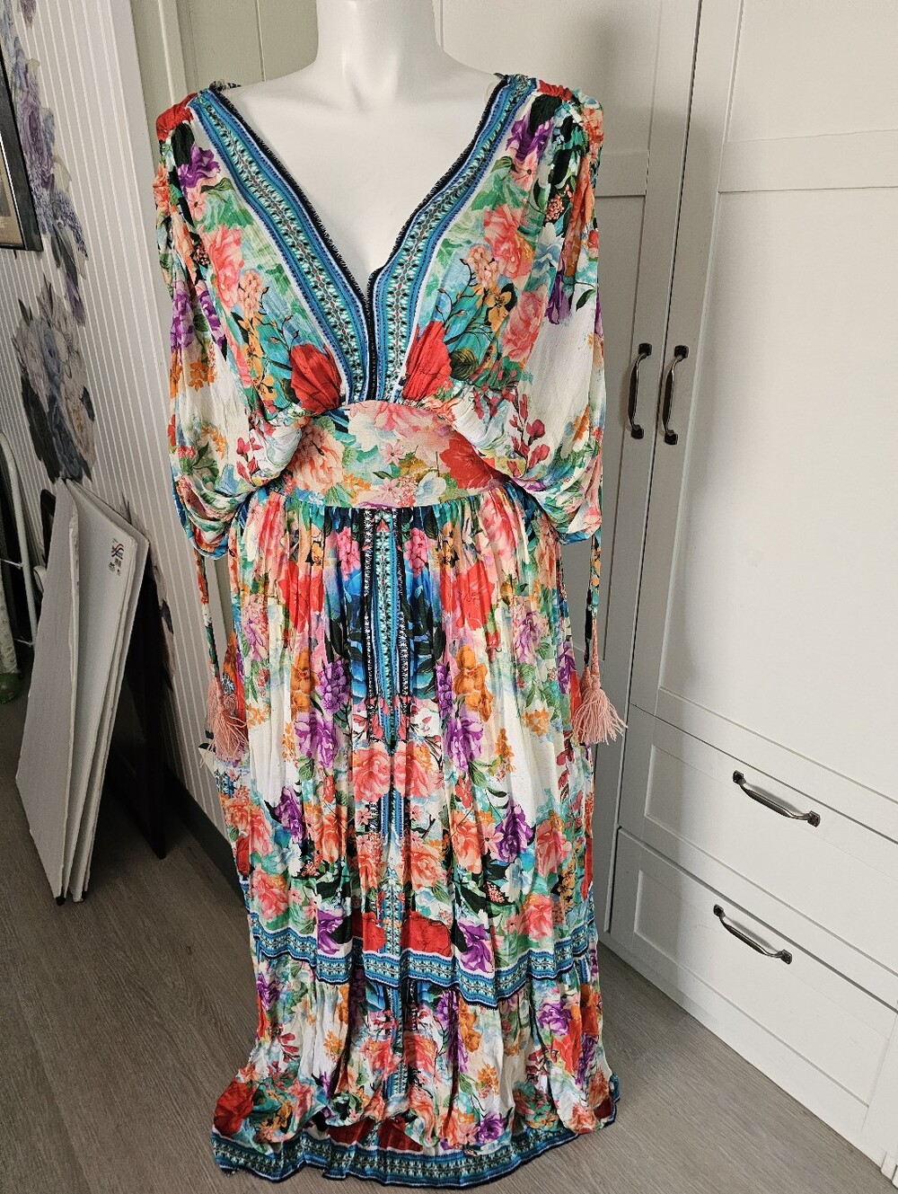 American Beauty Floral Boho Maxi Dress Size L New NWT Rayon Kimono Sleeve - Picture 1 of 11